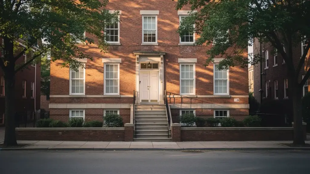 A brick multifamily facade in low evening light
