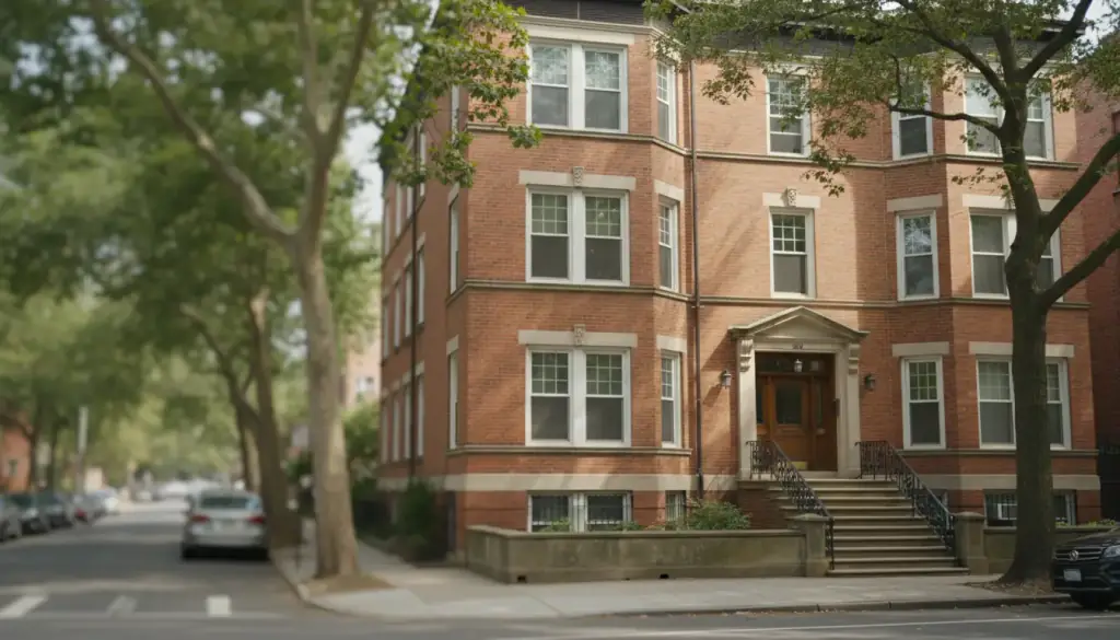 A well-kept red brick apartment building on a tree-lined street